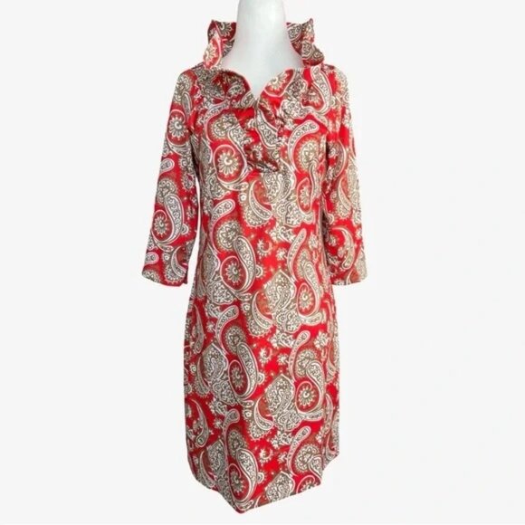 size M 8/10 NWT Gretchen Scott Ruffle neck Sheath Dress Plentiful Paisley Orange - Picture 2 of 12
